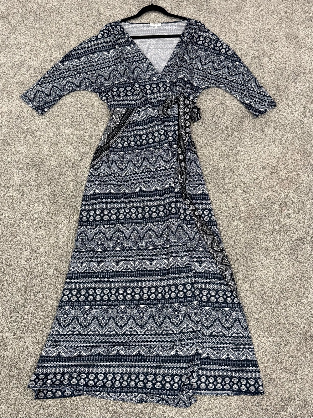 Kiyonna Made In USA Blue Black Printed Wrap Maxi Midi Dress Plus Size Women’s 1X